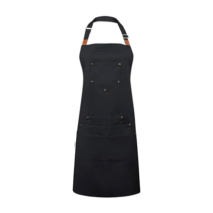 Cotton Canvas Apron for Women & Men – Adjustable Neck Strap & Waist Ties with Pockets - color: Black