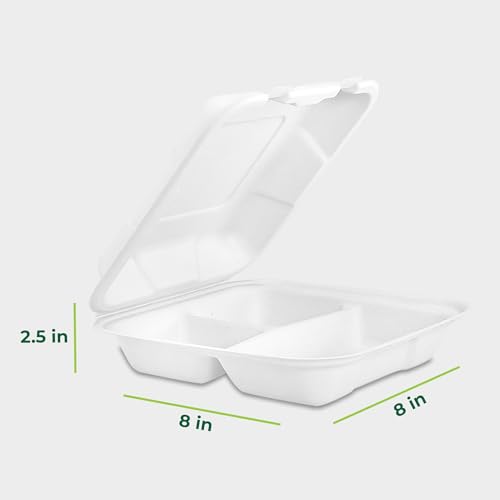 Freshware Clamshell Food Containers with Lids [8x8"] 3-Compartment 100-Pack, Disposable To Go Containers, Biodegradable Sugarcane To Go Boxes - Paper Container - Microwave & Freezer Safe, Stackable - size: 8 x 8 Inch, 100 Pack