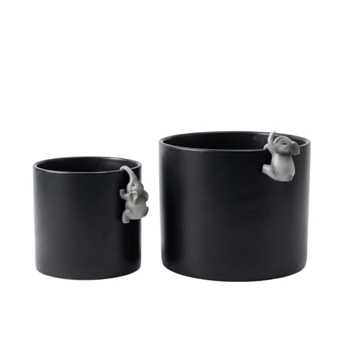 Plant Pot with Climbing Elephant Statues, 5 & 7 Inch, Matte Black, Set of 2 - color: Black E2