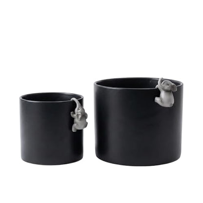 Plant Pot with Climbing Elephant Statues, 5 & 7 Inch, Matte Black, Set of 2 - color: Black E2