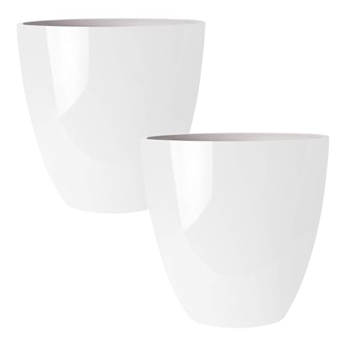 RUBBER BOND Plastic Plant Pots 2 Pack - Modern Indoor/Outdoor Planters for Home Decor - Weather-Resistant Large Flower Pots - Lightweight 12 Inches Tall Planters - color: White Glossy Round Small