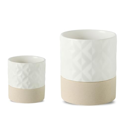 Nihow Self Watering Plant Pot for Indoor Plants: 4.5+6 Inch Ceramic Planter with Drainage Hole & Water Storage Plus - Cylinder Flower Pot with Wick for Herbs - Matte White & Brown Star - color: Matte White & Brown Star, size: 4.5"+6" Self Watering