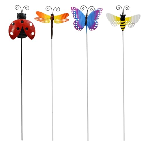 Morning View Bee Butterfly Dragonfly Ladybug Garden Stakes Decorative Set of 4 Metal Insect Yard Stake Outdoor Spring Lawn Ornaments Yard Art Patio Pathway Flower Pot Outside 16 Inch Tall - color: Multi Color - Set of 4