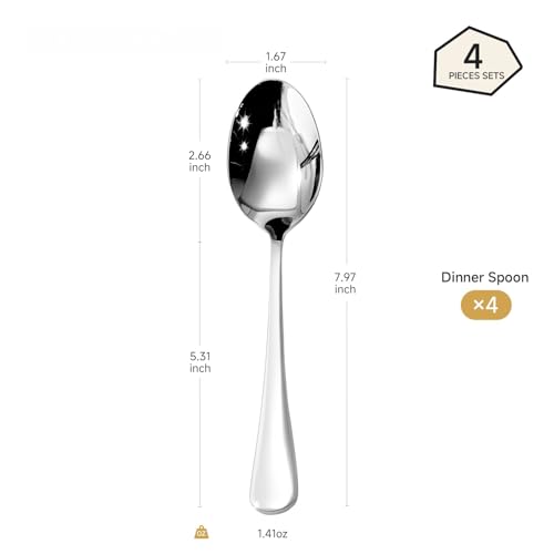 HIKAA 4 Pcs Dinner Spoons Set, 18/10 Stainless Steel Spoons - size: 4-Piece, style: DINNER SPOONS