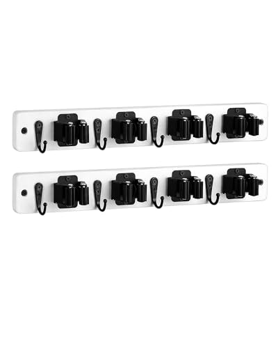 Lorbro 2 Pack Broom Holder Wall Mount, Wooden Rack with 4 Slot & 4 Hook - color: White