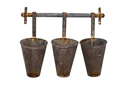 Creative Co-Op Antiqued Metal Wall Rack with 3 Hanging Cone Pots, Grey