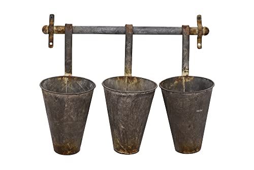 Creative Co-Op Antiqued Metal Wall Rack with 3 Hanging Cone Pots, Grey