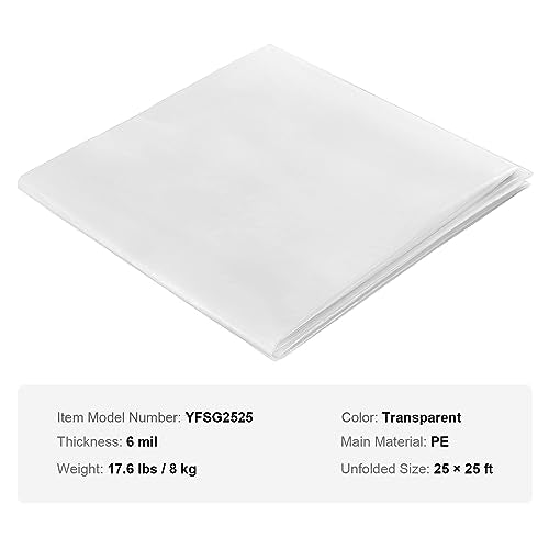 VEVOR Greenhouse Plastic Sheeting 25 x 25 ft, 6 Mil Thickness Clear Greenhouse Film, Polyethylene Film 4 Year UV Resistant, for Gardening, Farming, Agriculture, Garden - size: 25 x 25 ft