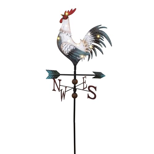 TERESA'S COLLECTIONS Garden Decor with Solar Outdoor Lights, White Rooster Yard Art Sign for Outside, 34'' Metal Weathervane Decorative Garden Stake for Outdoor Decor, Lawn, Gifts for Mom - color: White, size: Medium