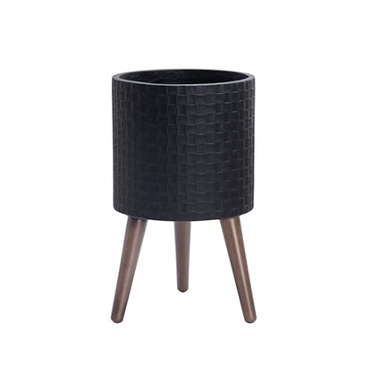 D'vine Dev Planter Pot with Wood Stand, 10 in, Matte Black, 88-Z-B-2 - color: Matte Black, size: Medium