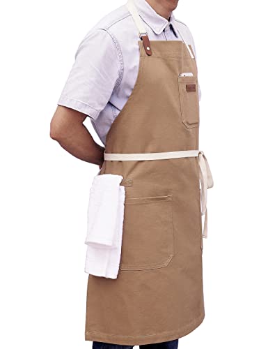 Kitchen Apron for Cooking, with Pockets & Towel Loop - color: Light Tan