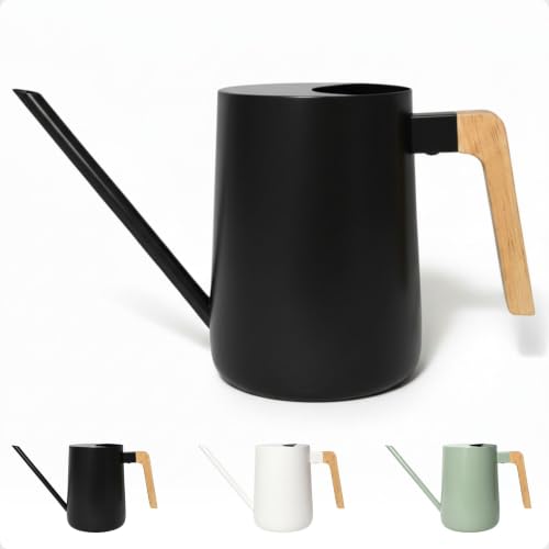 Metal Small Indoor Watering Can with Long Spout & Real Wood Handle, 35oz - color: Black
