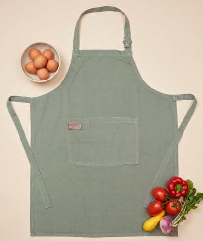 Washed Cotton Kitchen Apron | Adjustable 25x31, Light Green