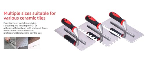 Stainless Steel Square Notched Trowel Set - 3 Piece Kit (5/32", 5/16", 1/2" Notch Sizes) for Wall & Floor Tile Installation - Masonry Tiling Hand Tools