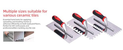 Stainless Steel Square Notched Trowel Set - 3 Piece Kit (5/32", 5/16", 1/2" Notch Sizes) for Wall & Floor Tile Installation - Masonry Tiling Hand Tools