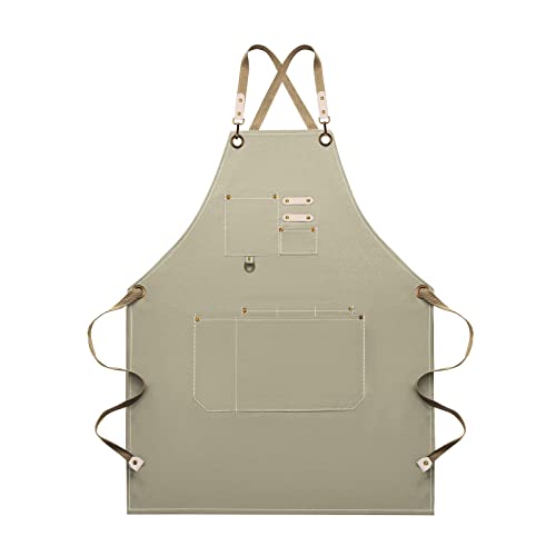 Dulabi Apron, Adjustable Chef Apron for Women and Men with Large Pockets, Cooking Kitchen Apron with Back Straps - color: Khaki