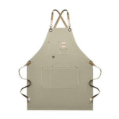 Dulabi Apron, Adjustable Chef Apron for Women and Men with Large Pockets, Cooking Kitchen Apron with Back Straps - color: Khaki