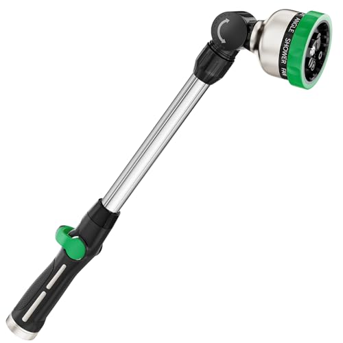 FANHAO Metal Garden Hose Wand, 16-Inch Heavy Duty Watering Wand with 9 Spray Patterns, 180° Rotating Long Garden Hose Nozzle Thumb Flow Control, Ideal to Water Hanging Baskets and Shrubs -Green - color: Green