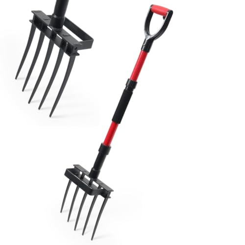 Garden Fork, 43 Inch Pitch Fork with Fiberglass Handle & Foot Bracket, Heavy Duty 5-Tine Pitchfork for Gardening, Breaking up Dirt, Loosening Soil, Digging Potatoes, Turning Compost, Mulching, Weeding