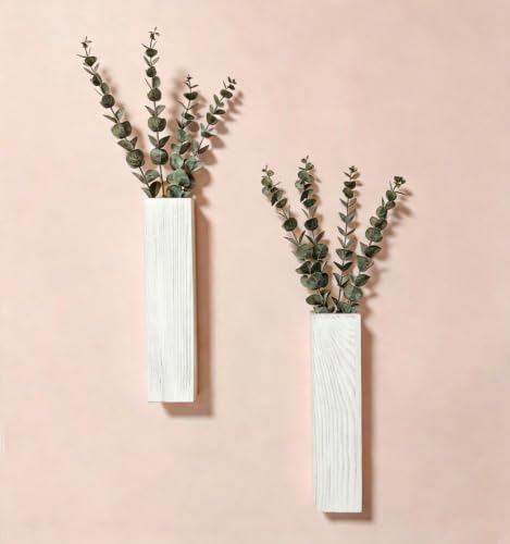 Wood Wall Planters with Faux Eucalyptus 2pcs Artificial Hanging Planter for Indoor Plants Boho Wall Art Decor Modern Farmhouse Living Room, Bedroom, Bathroom Dinning Room Entryway Home (White) - color: White