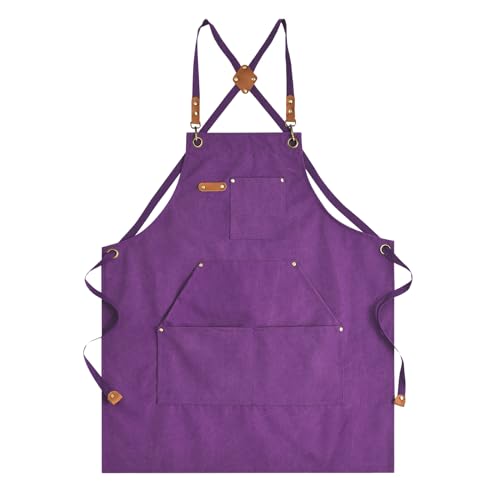 Aoomzoon Canvas Aprons for Men Women, Heavy Duty BBQ Apron with Pockets - color: Purple