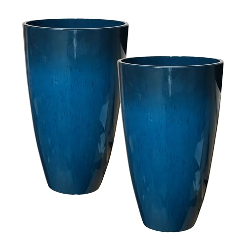 RUBBER BOND Plant Pots 2 Pack - Modern Indoor/Outdoor Planters for Home Decor - Weather-Resistant Large Flower Pots - Lightweight 21.26 Inches Tall Planters - Blue Glossy Round Pots for Plants - color: Blue Glossy Round Large