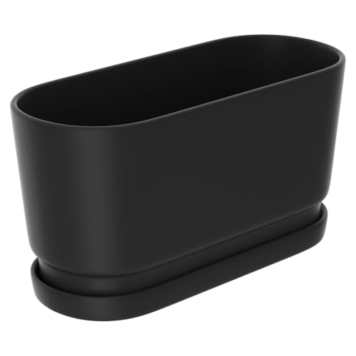 13" Rectangular Ceramic Planter with Drainage and Saucer, Black - color: Matte Black, size: Large