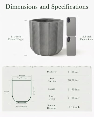 12 Inch Pots for Plants, Large Ceramic Planter with Drainage Hole - color: Grey 12"