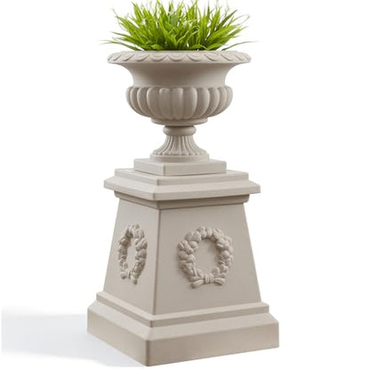 20" H Large Plastic Roman Urn Planter with 28" Tall Decorative Pedestal - color: Marble-set