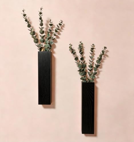 Wood Wall Planters with Faux Eucalyptus 2pcs Artificial Hanging Planter for Indoor Plants Boho Wall Art Decor Modern Farmhouse Living Room, Bedroom, Bathroom Dinning Room Entryway Home (Black) - color: Black