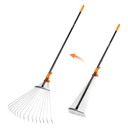 Leaf Rake for Lawns, Adjustable Garden Rake for Leaves with Long Handle, 61 Inches