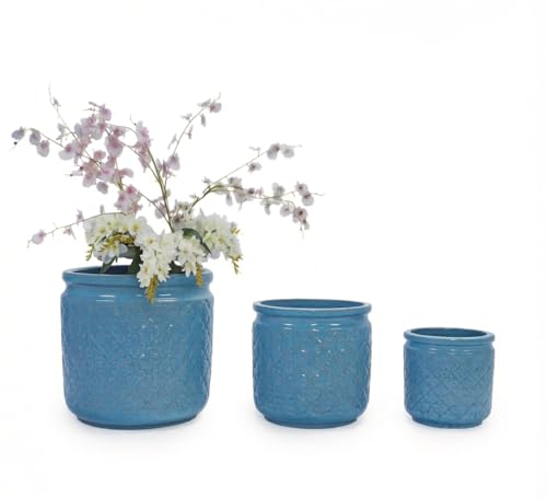 3pcs Blue Geometric Pattern Ceramic Planter, 9/12/15 Inch Plant Pots Indoor with Drainage, Breathable Clay for Orchids Succulents, Indoor Outdoor Windowsill Bookshelf Decor - color: Blue