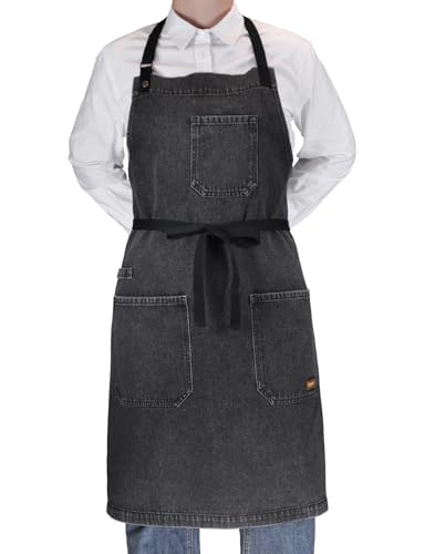 Black Denim Apron with Pockets & Towel Loop for Men Women - color: Black Denim -2