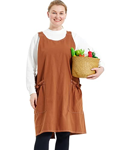 Big Plus Size Aprons for Women with Pockets Cotton Linen Baking Kitchen Cooking - color: Brown