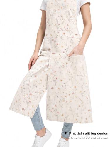 Molaxhome Split Pottery Apron with 3 Pockets Unisex with Adjustable Strap - color: Beigeflower