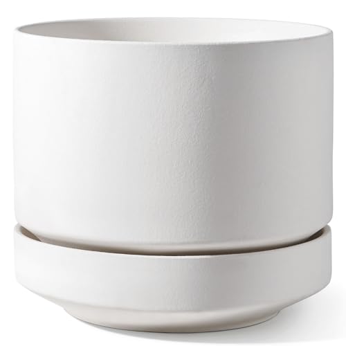 LE TAUCI Large 14 Inch Plant Pot with Saucer | Ceramic Outdoor & Indoor Big Planter Pot | Drainage Hole, Mesh Pad | Unglazed Porous | Modern Minimalist for Home and Patio – Chalk White - color: Chalk White, size: 14 Inch