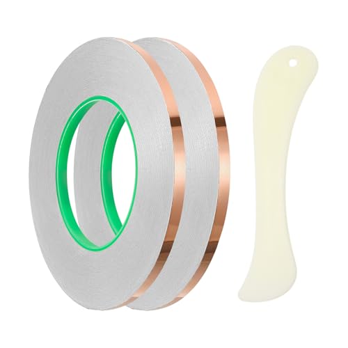 PATIKIL Copper Foil Tape, (0.31 Inch x 164 FT, Brass) (2 Set), Double Conductive Adhesive Tape with Correction Tool, Suit for - Guitar EMI/RFI Shielding/Electrical Repairs - size: 0.31 Inch x 164 FT