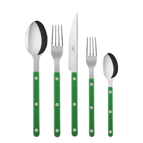 SABRE PARIS - 20-Piece Flatware Set for 4 - Bistrot Collection - Knife, Fork, Soup Spoon, Teaspoon & Dessert Fork - Stainless Steel & Nylon - Dishwasher Safe - Garden Green - Shiny Finish - color: Garden Green, size: 20 Pieces