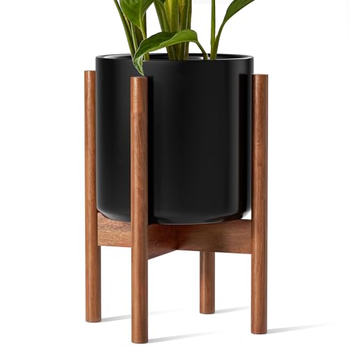 LE TAUCI Planter with Acacia Wood Stand, 12 Inch, Black - color: Black, size: 12 Inch