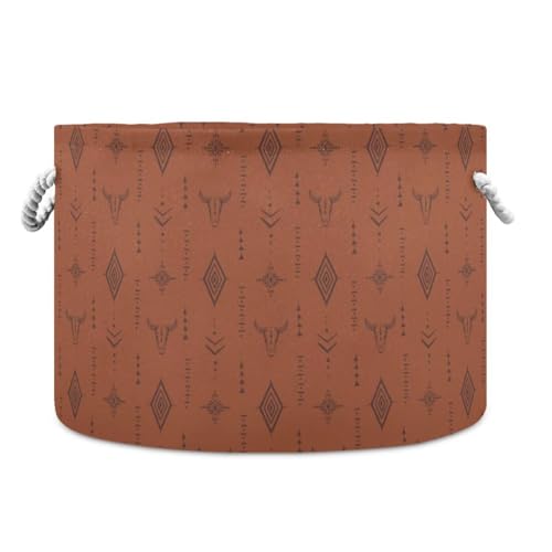 Brown Western Boho Round Storage Basket Collapsible with Handle - color: Brown
