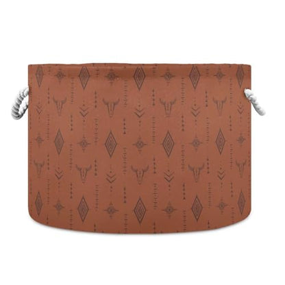 Brown Western Boho Round Storage Basket Collapsible with Handle - color: Brown