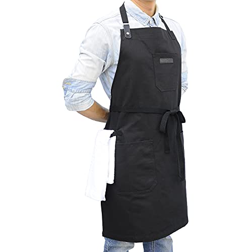 Black Kitchen Apron for Cooking, with Pockets & Towel Loop - color: Black Cotton