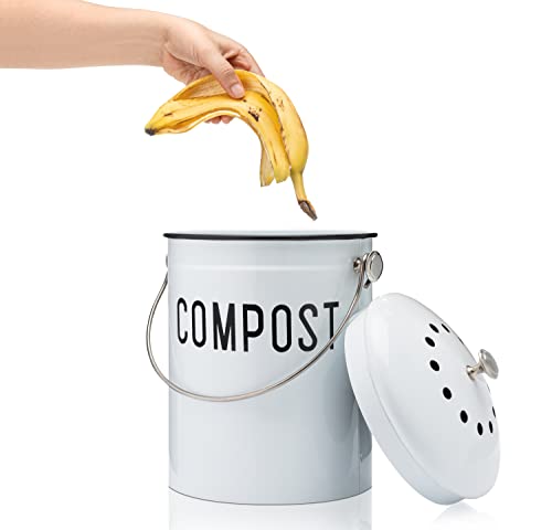 JRW Design White Kitchen Compost Bin Plus 2 Non-Smell Filters, 1.3 Gallon Farmhouse Bin for Countertop, Durable Bin Kitchen with Handle, Easy to Clean, Rust Proof Composting Bin, Compost Bucket