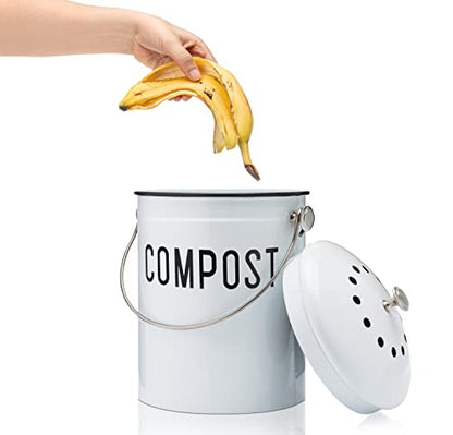 JRW Design White Kitchen Compost Bin Plus 2 Non-Smell Filters, 1.3 Gallon Farmhouse Bin for Countertop, Durable Bin Kitchen with Handle, Easy to Clean, Rust Proof Composting Bin, Compost Bucket