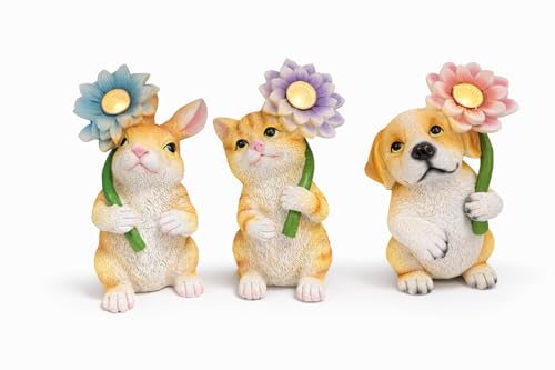 GoGnome Set of 3 Solar Animal Garden Lights – Resin Bunny, Cat & Dog Figurines with Warm LED Flower, Solar Powered Outdoor Décor for Garden, Patio, Yard, Balcony (Puppy/Kitten/Rabbit) - style: Puppy/Kitten/Rabbit