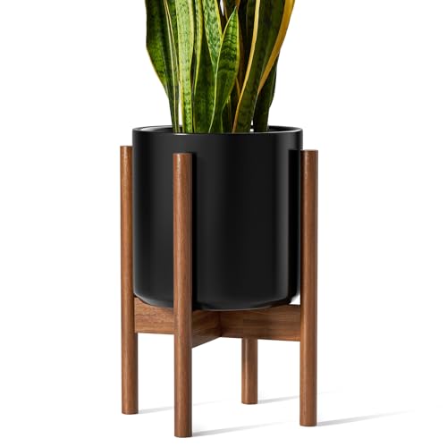 LE TAUCI Planter with Acacia Wood Stand, 10 Inch, Black - color: Black, size: 10 Inch