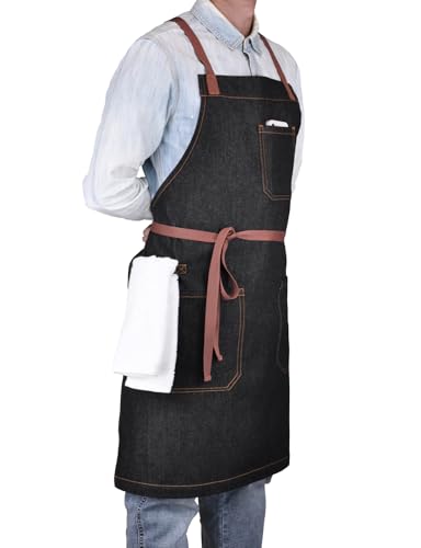 Mens Womens Cooking Apron with Cross Back Straps,Black Denim - color: Black Denim With Cross Back Straps