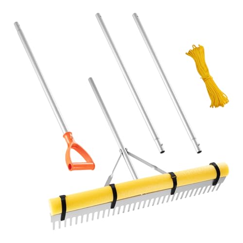 VEVOR Landscape Rake, 36 inch Wide Head 102 inch Handle, Large Heavy Duty Aluminum Landscaping Leaf Rake Tool, Asphalt Level for Loosening Soil, Garden & Yard, Pond Gravel & Beach Lawn Care, 52ft Rope - size: 102 inch