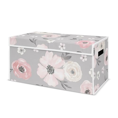 Sweet Jojo Designs Grey Watercolor Floral Girl Small Fabric Toy Bin Storage Box Chest For Baby Nursery or Kids Room - Blush Pink Gray and White Shabby Chic Rose Flower Farmhouse - color: Pink, Grey and White