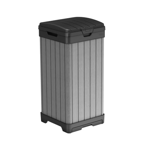 Keter Darwin Outdoor Trash Can, 38 Gallon Weather-Resistant Resin Waste Bin with Lid, Wood-Look Design for Patio, Deck, Porch & Backyard - style: Darwin